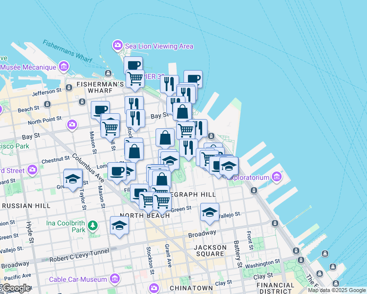 map of restaurants, bars, coffee shops, grocery stores, and more near 240 Lombard Street in San Francisco