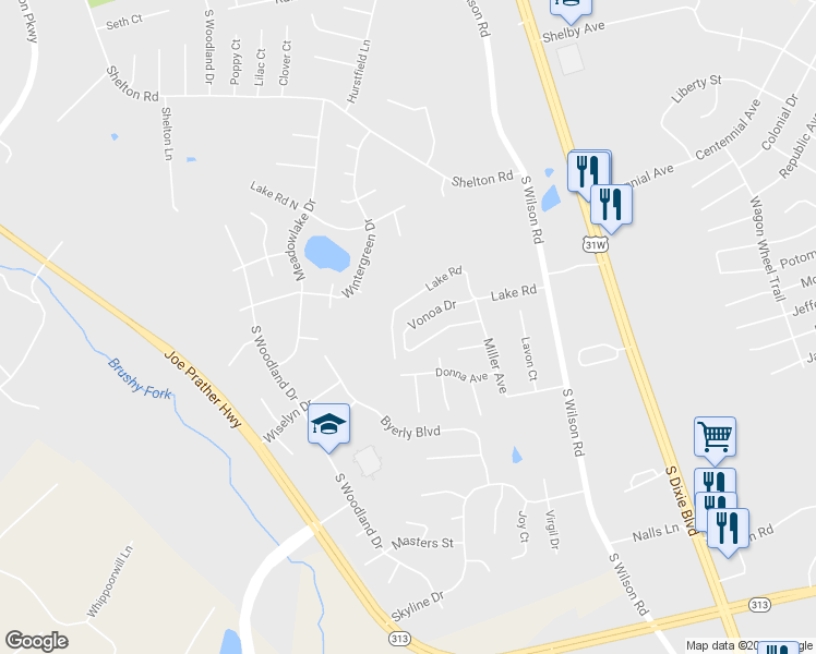 map of restaurants, bars, coffee shops, grocery stores, and more near 2585 Vonoa Drive in Radcliff