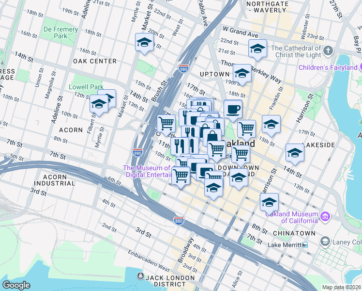 map of restaurants, bars, coffee shops, grocery stores, and more near 601 12th Street in Oakland