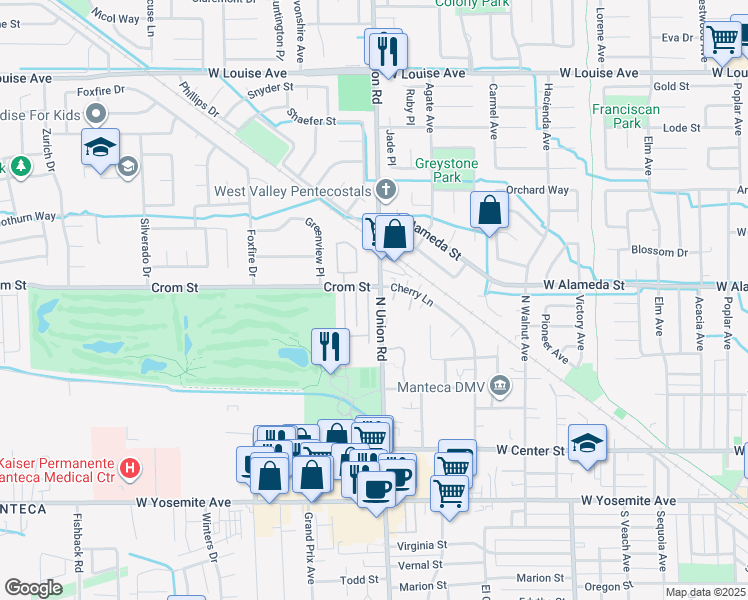 map of restaurants, bars, coffee shops, grocery stores, and more near 450 Golf Circle East in Manteca