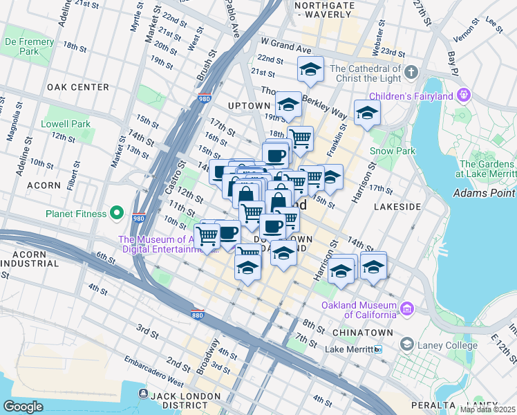 map of restaurants, bars, coffee shops, grocery stores, and more near in Oakland