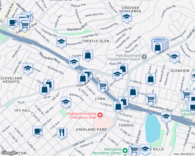 map of restaurants, bars, coffee shops, grocery stores, and more near in Oakland