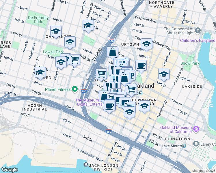 map of restaurants, bars, coffee shops, grocery stores, and more near 601 12th Street in Oakland