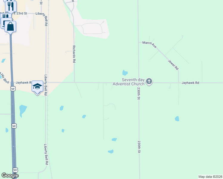 map of restaurants, bars, coffee shops, grocery stores, and more near 2280 Jayhawk Road in Fort Scott