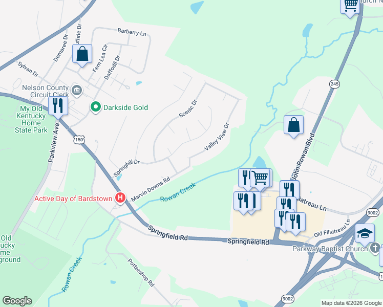 map of restaurants, bars, coffee shops, grocery stores, and more near 113 Valleyview Dr in Bardstown