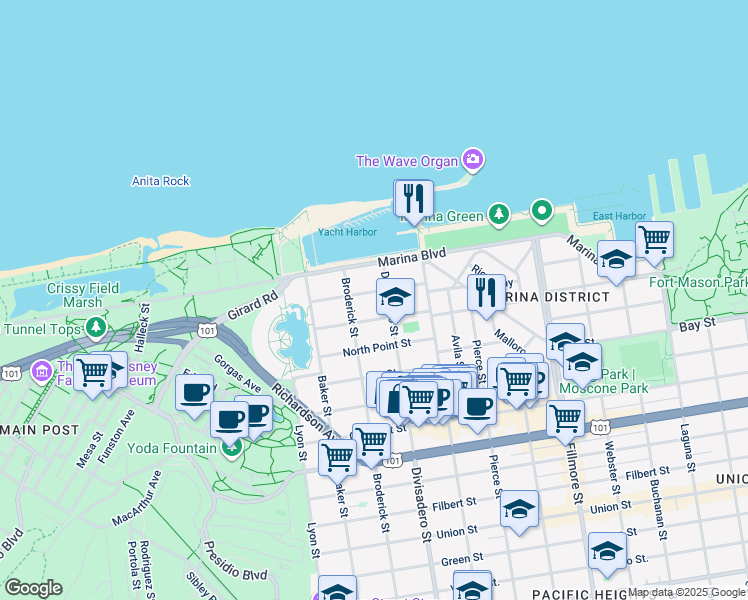 map of restaurants, bars, coffee shops, grocery stores, and more near 1981 Jefferson Street in San Francisco