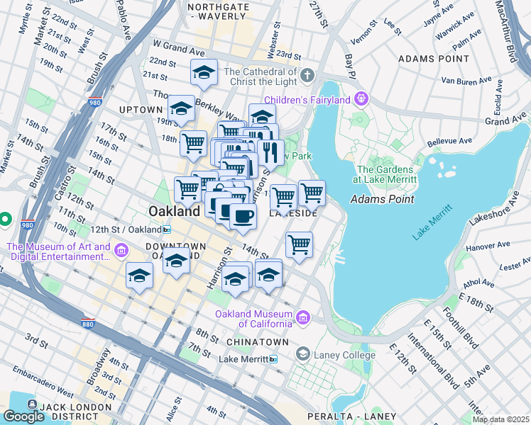 map of restaurants, bars, coffee shops, grocery stores, and more near 1546 Alice Street in Oakland