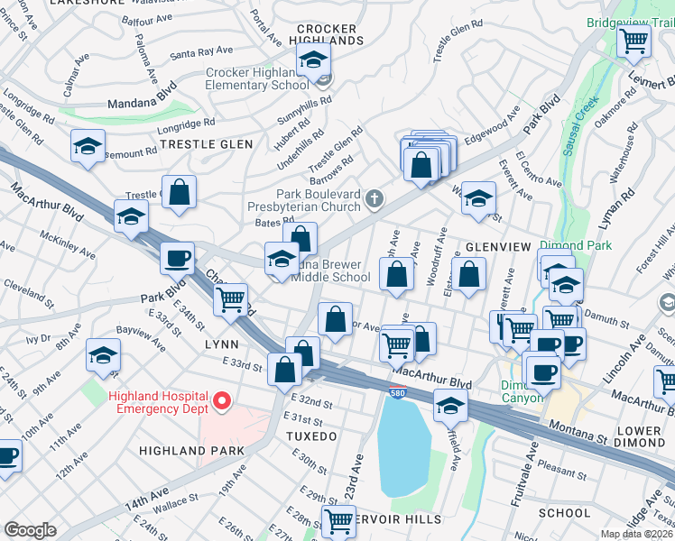 map of restaurants, bars, coffee shops, grocery stores, and more near 3838 Brighton Avenue in Oakland