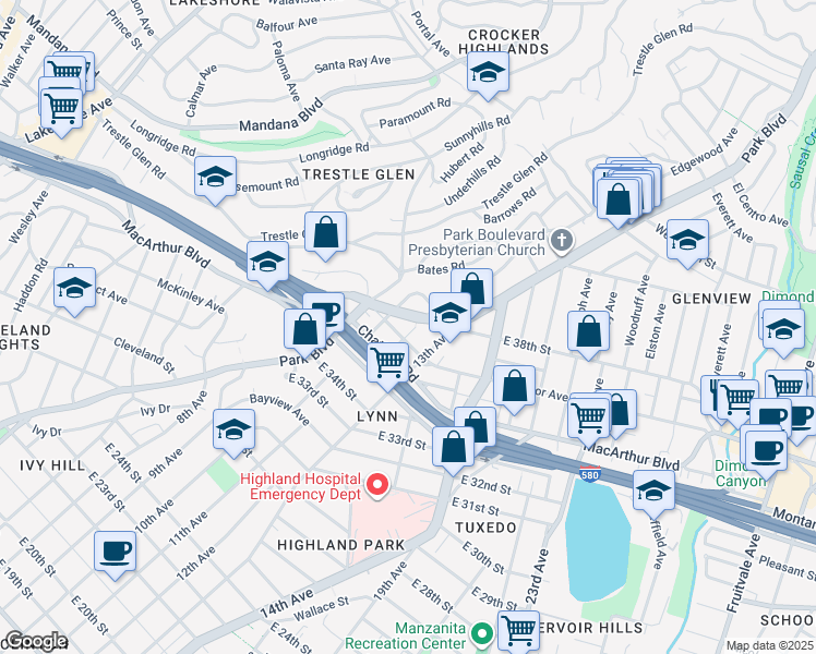 map of restaurants, bars, coffee shops, grocery stores, and more near 3746 Park Boulevard in Oakland