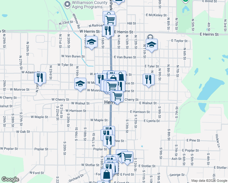 map of restaurants, bars, coffee shops, grocery stores, and more near 299 N 14th St in Herrin