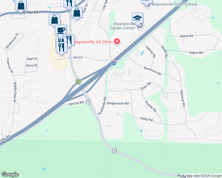 map of restaurants, bars, coffee shops, grocery stores, and more near 20425 Steer Road in Waynesville