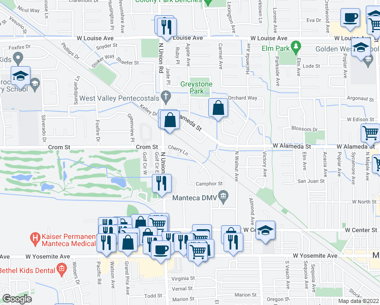 map of restaurants, bars, coffee shops, grocery stores, and more near 456 Cherry Lane in Manteca