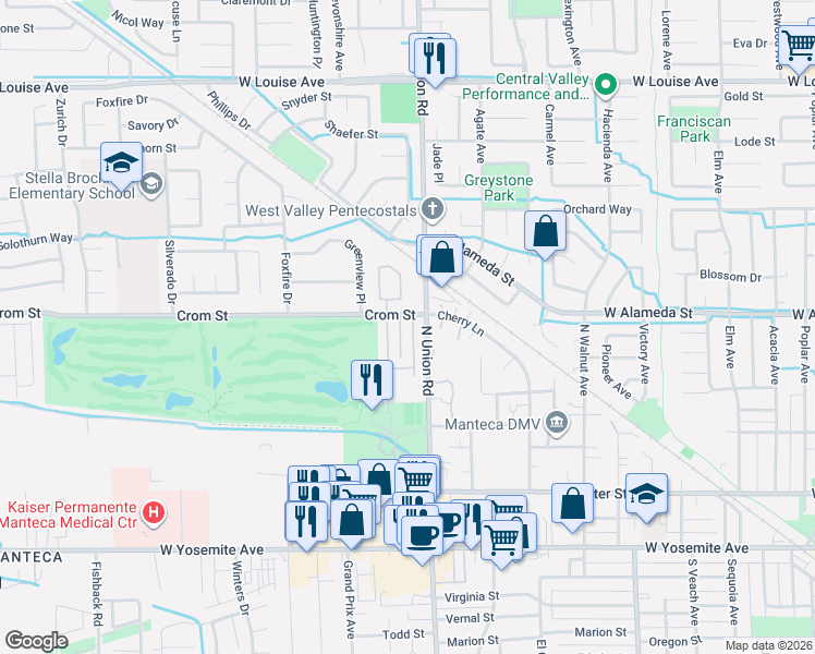 map of restaurants, bars, coffee shops, grocery stores, and more near 458 Benjamin Place in Manteca