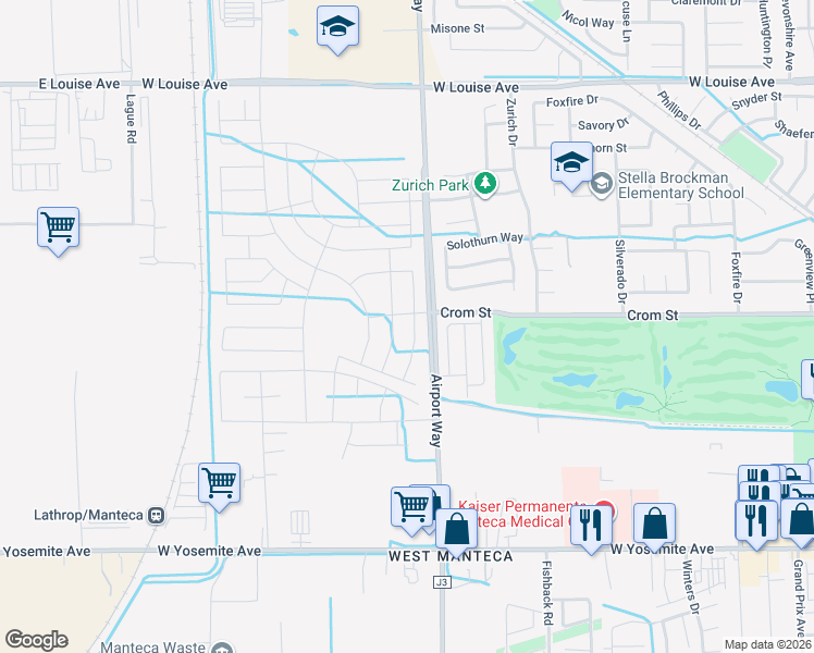 map of restaurants, bars, coffee shops, grocery stores, and more near 395 Airport Way in Manteca