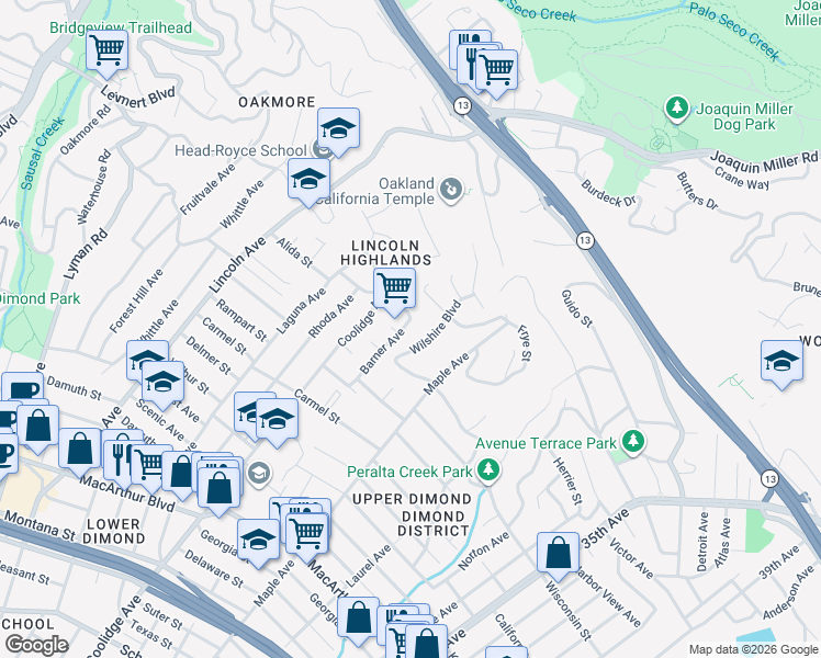 map of restaurants, bars, coffee shops, grocery stores, and more near 4160 Barner Avenue in Oakland
