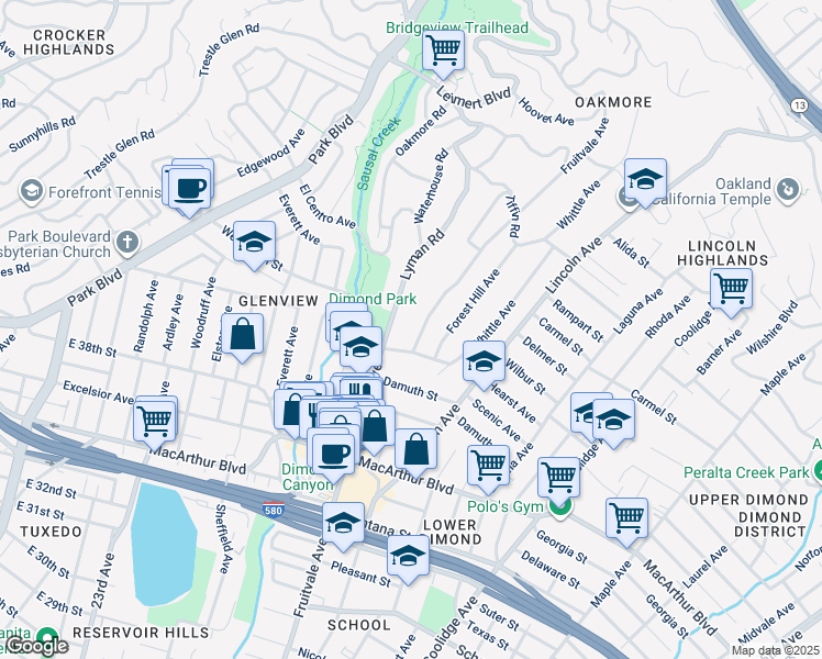 map of restaurants, bars, coffee shops, grocery stores, and more near 3836 Lyman Road in Oakland
