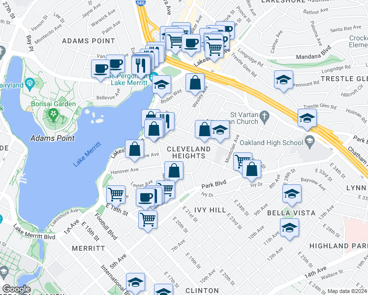 map of restaurants, bars, coffee shops, grocery stores, and more near in Oakland