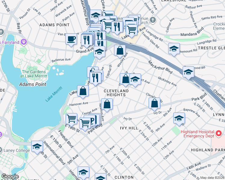 map of restaurants, bars, coffee shops, grocery stores, and more near in Oakland