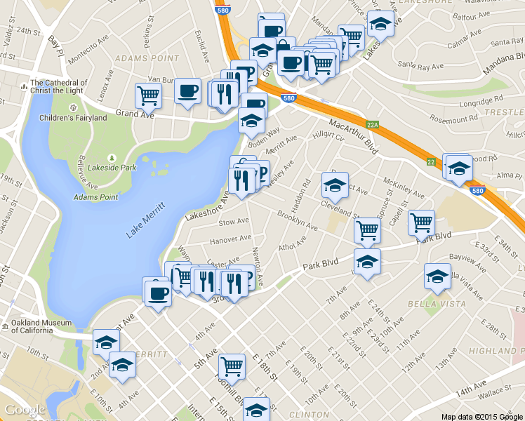 map of restaurants, bars, coffee shops, grocery stores, and more near 609 Brooklyn Avenue in Oakland