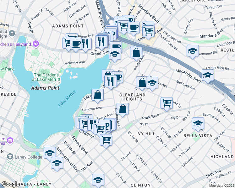 map of restaurants, bars, coffee shops, grocery stores, and more near 609 Brooklyn Avenue in Oakland