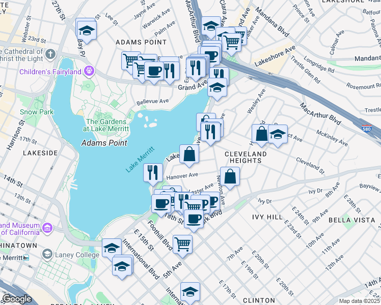 map of restaurants, bars, coffee shops, grocery stores, and more near 2099 Lakeshore Avenue in Oakland