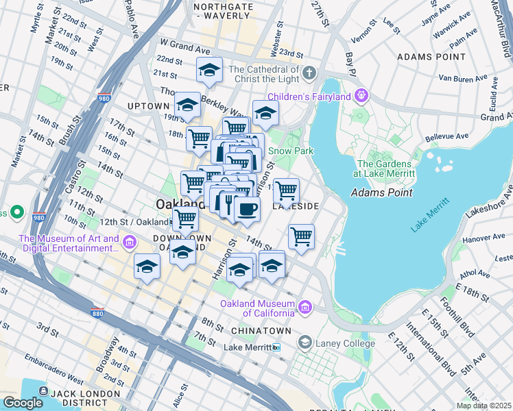 map of restaurants, bars, coffee shops, grocery stores, and more near 1500 Harrison Street in Oakland
