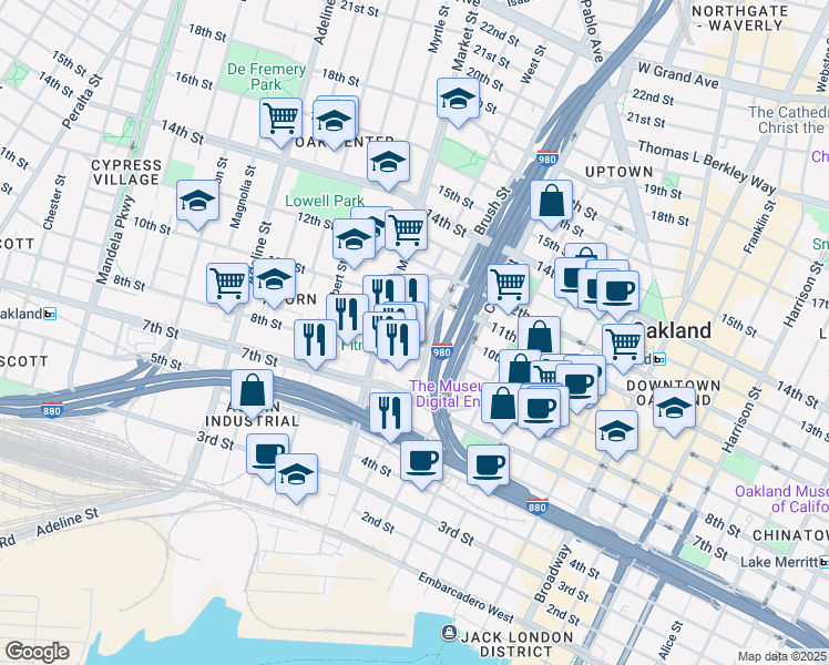 map of restaurants, bars, coffee shops, grocery stores, and more near 989 Brush Street in Oakland