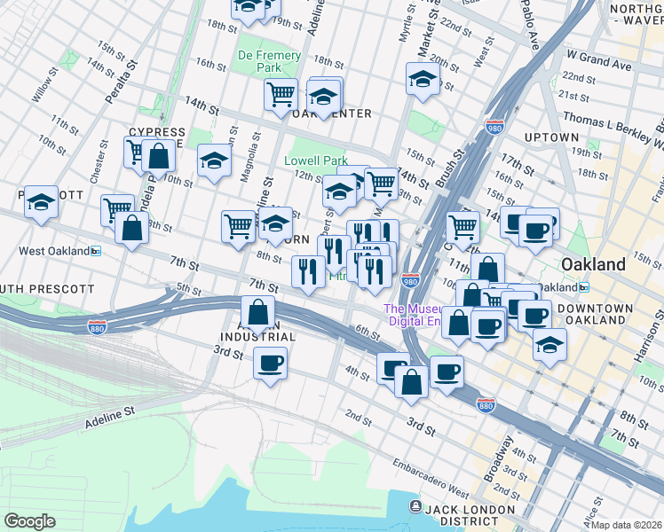 map of restaurants, bars, coffee shops, grocery stores, and more near 801 Filbert Street in Oakland