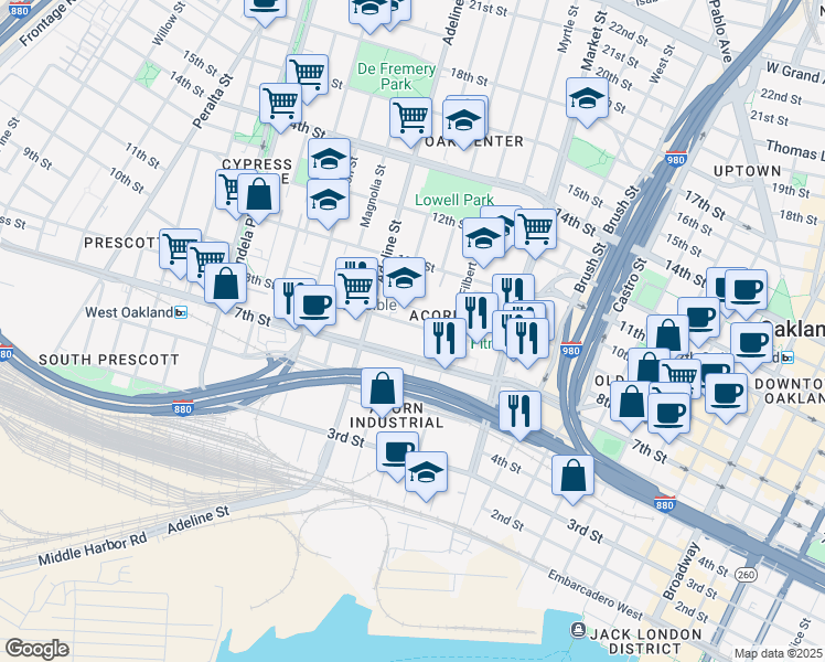 map of restaurants, bars, coffee shops, grocery stores, and more near 1058 8th Street in Oakland