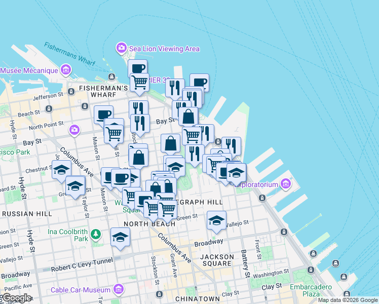 map of restaurants, bars, coffee shops, grocery stores, and more near 151 Chestnut Street in San Francisco