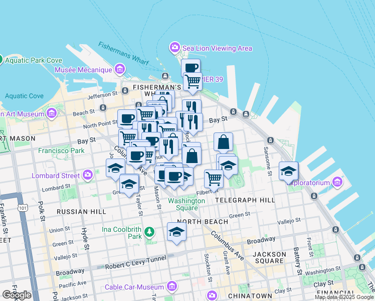 map of restaurants, bars, coffee shops, grocery stores, and more near 420-430 Chestnut Street in San Francisco