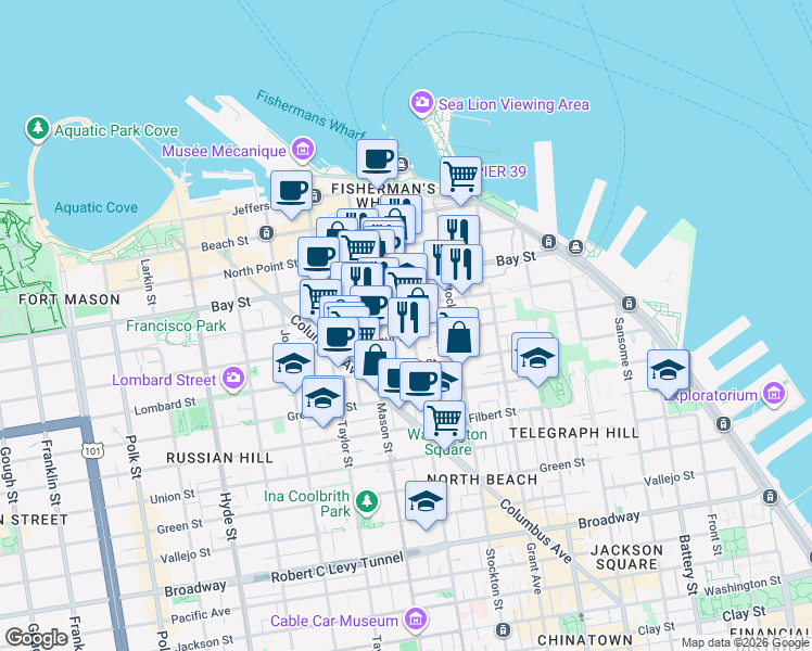 map of restaurants, bars, coffee shops, grocery stores, and more near 2141 Powell Street in San Francisco