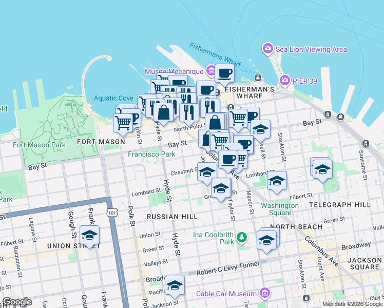 map of restaurants, bars, coffee shops, grocery stores, and more near in San Francisco