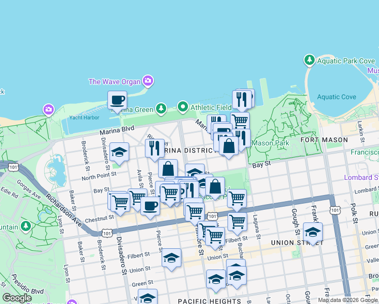 map of restaurants, bars, coffee shops, grocery stores, and more near 1631 Beach Street in San Francisco