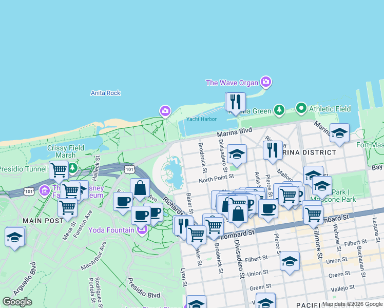 map of restaurants, bars, coffee shops, grocery stores, and more near 2056 Jefferson Street in San Francisco