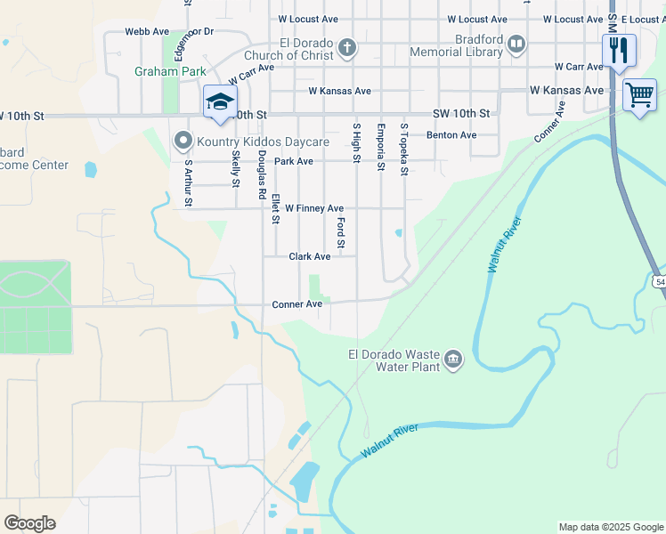 map of restaurants, bars, coffee shops, grocery stores, and more near 1101 Clark Avenue in El Dorado