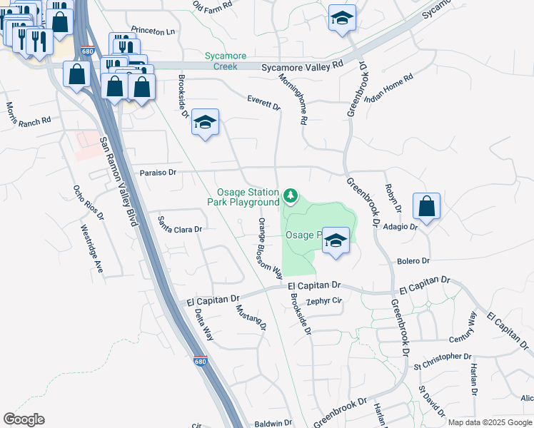 map of restaurants, bars, coffee shops, grocery stores, and more near 818 Orange Blossom Way in Danville
