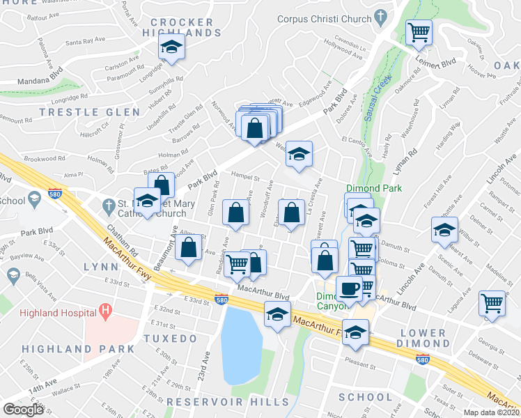 map of restaurants, bars, coffee shops, grocery stores, and more near 3921 Woodruff Avenue in Oakland