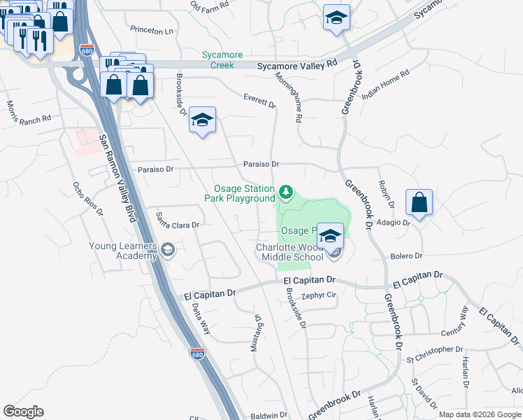map of restaurants, bars, coffee shops, grocery stores, and more near 818 Orange Blossom Way in Danville
