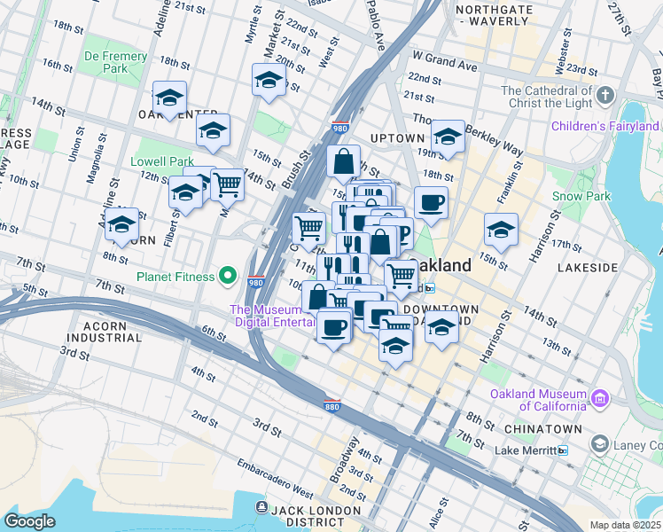 map of restaurants, bars, coffee shops, grocery stores, and more near in Oakland