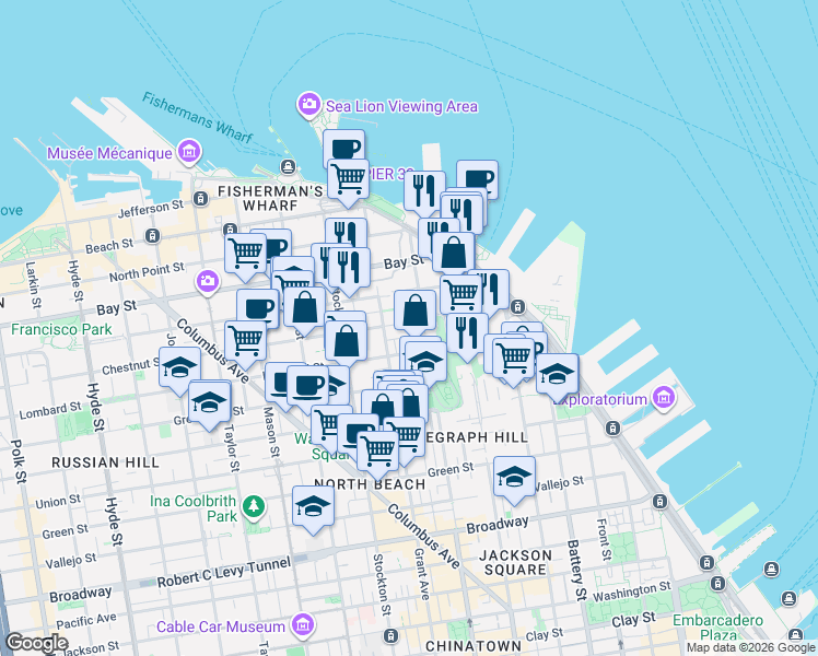 map of restaurants, bars, coffee shops, grocery stores, and more near 241 Chestnut Street in San Francisco