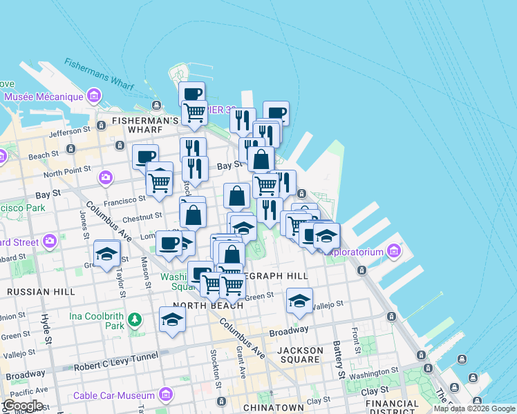 map of restaurants, bars, coffee shops, grocery stores, and more near 151 Chestnut Street in San Francisco