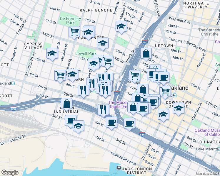 map of restaurants, bars, coffee shops, grocery stores, and more near 989 Brush Street in Oakland