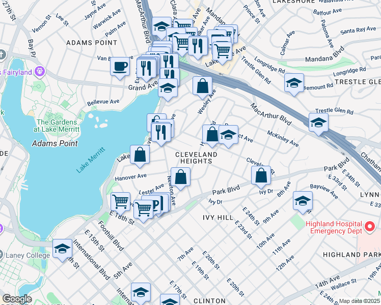 map of restaurants, bars, coffee shops, grocery stores, and more near 640 Brooklyn Avenue in Oakland