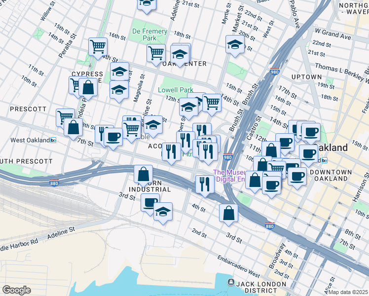 map of restaurants, bars, coffee shops, grocery stores, and more near 801 Filbert Street in Oakland