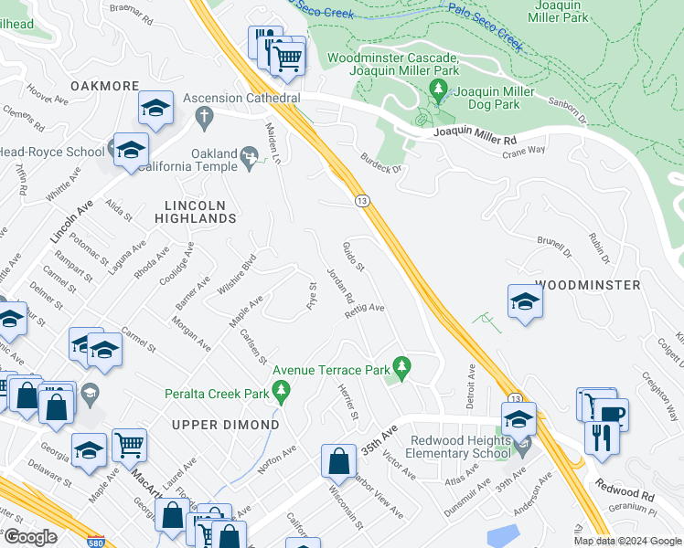 map of restaurants, bars, coffee shops, grocery stores, and more near 3116 Jordan Road in Oakland