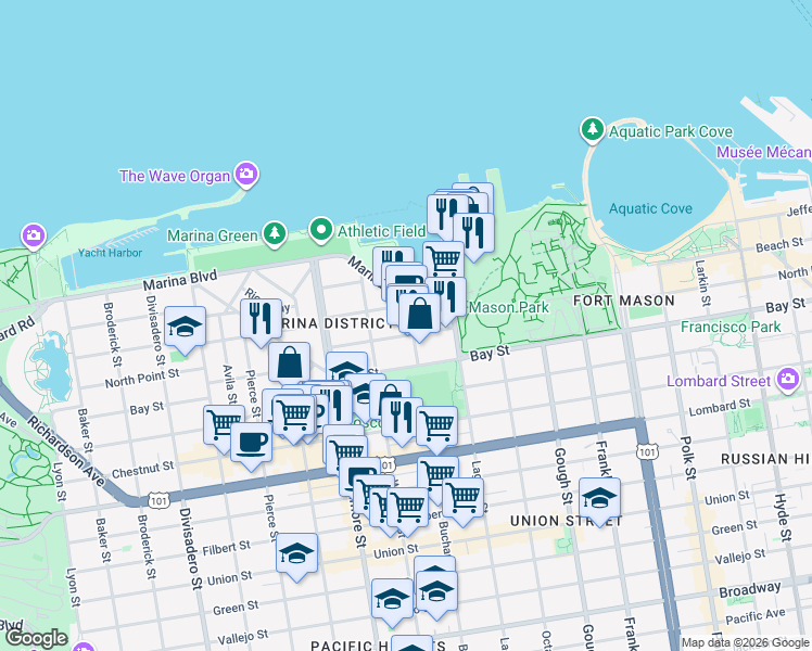 map of restaurants, bars, coffee shops, grocery stores, and more near in San Francisco