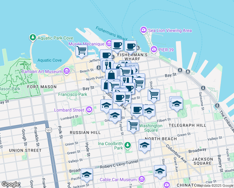 map of restaurants, bars, coffee shops, grocery stores, and more near 2350 Taylor Street in San Francisco