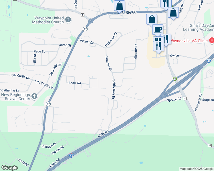 map of restaurants, bars, coffee shops, grocery stores, and more near 21325 Sally Road in Waynesville