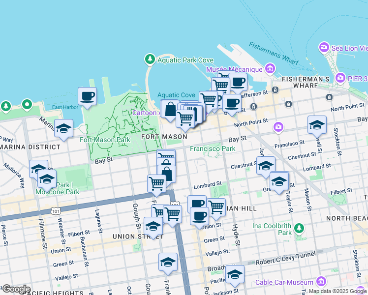 map of restaurants, bars, coffee shops, grocery stores, and more near Bay St & Polk St in San Francisco